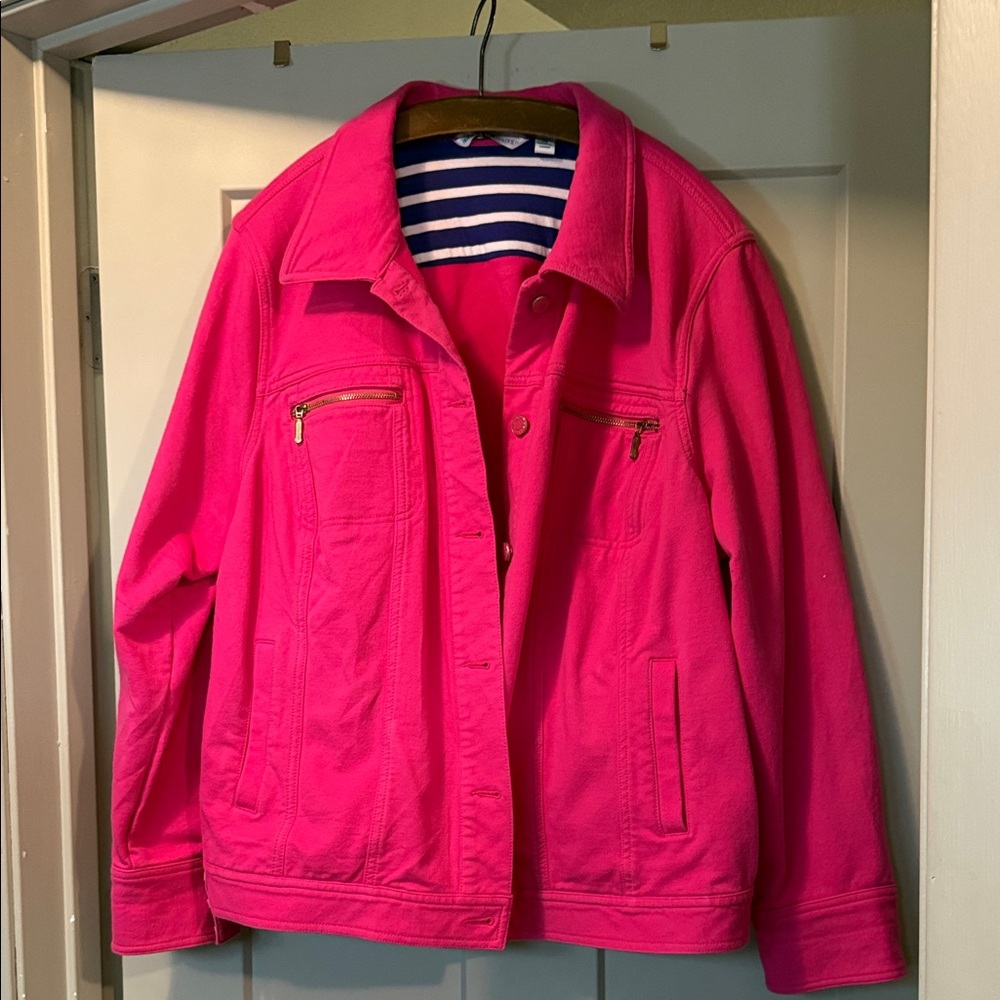 Isaac Mizrahi Vibrant Pink Jean jacket look.  Cotton/Spandex material.